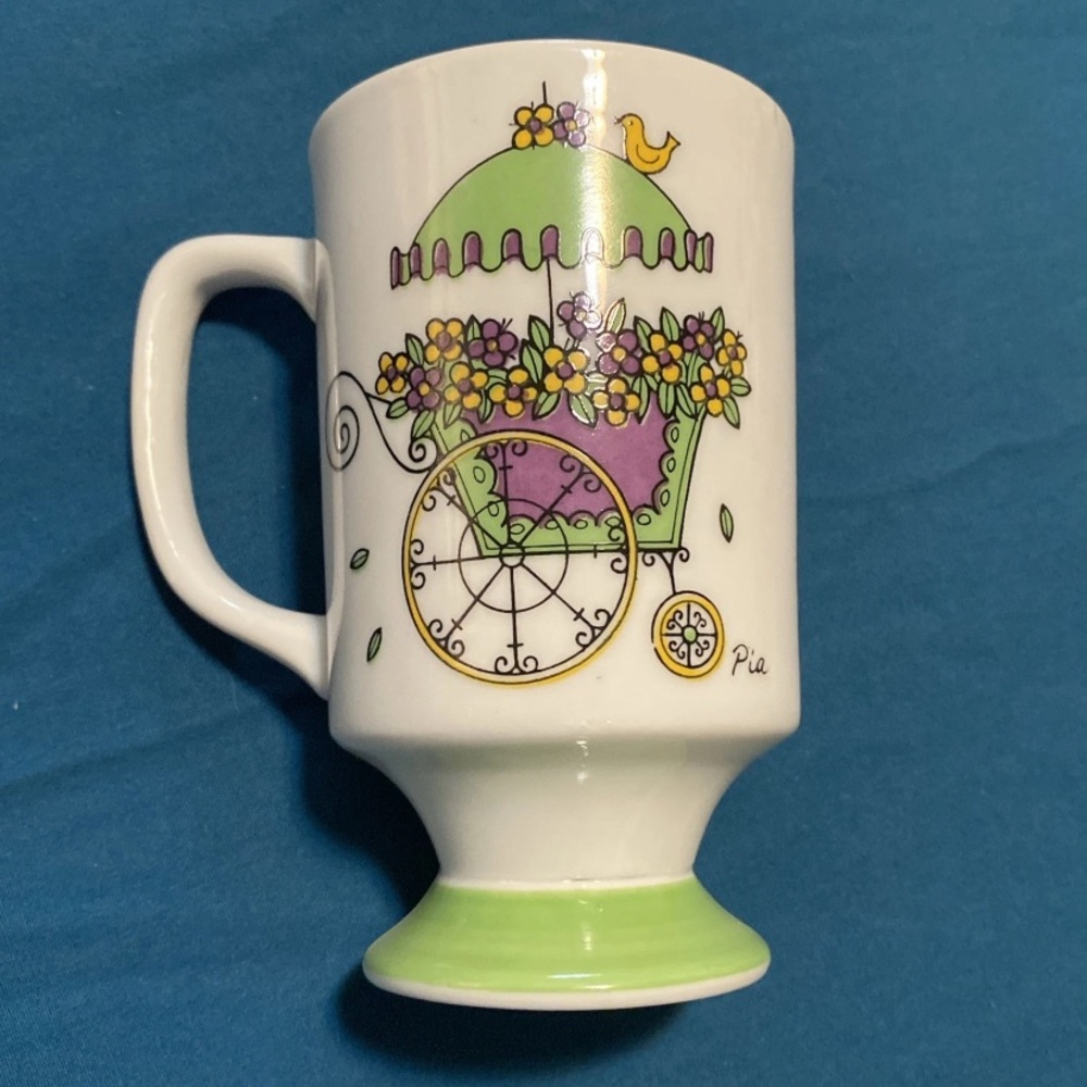 Vintage Royal Crown Renoir 2297 Green & Purple Flower Cart Teacup Porcelain